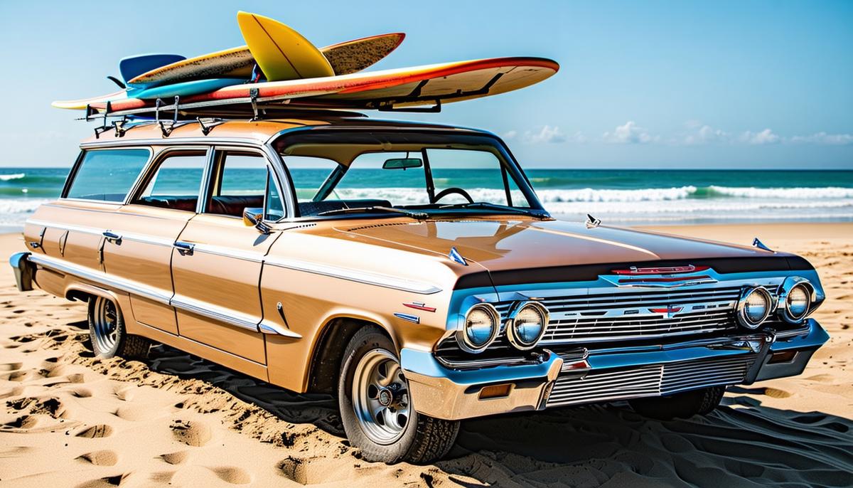 A 1963 Chevrolet Impala wagon parked on a sunny beach, loaded with surfboards and beach gear