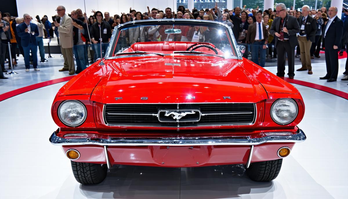 A shiny red 1964 Ford Mustang on display at the 1964 New York World's Fair, surrounded by excited onlookers