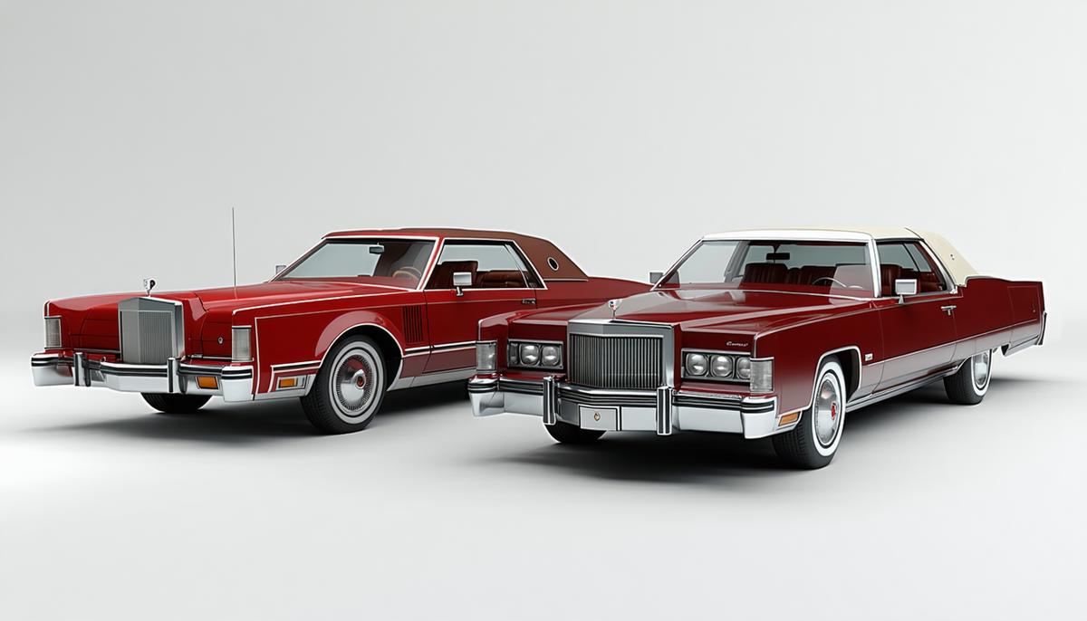 A Lincoln Mark IV and a Cadillac Eldorado from the 1970s parked side by side, showcasing their grand designs and luxurious features