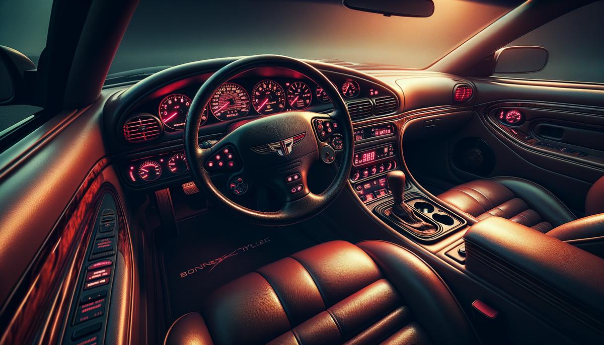 The driver-centric interior of a 2000 Pontiac Bonneville, showcasing its red-illuminated gauges and high-tech features