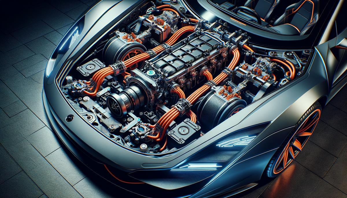 The engine bay of a 2024 Dodge Charger, showcasing its powerful electric powertrain components and battery pack