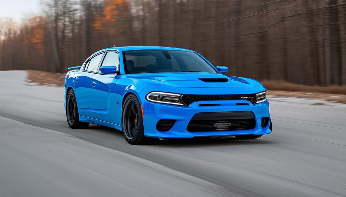 A 2024 Dodge Charger in bright blue, highlighting its aggressive front grille, aerodynamic body, and distinctive rear LED lights