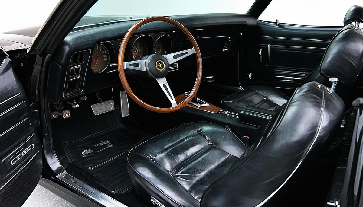 Interior view of a 1969 Pontiac Firebird Trans Am, focusing on the driver's cockpit and dashboard