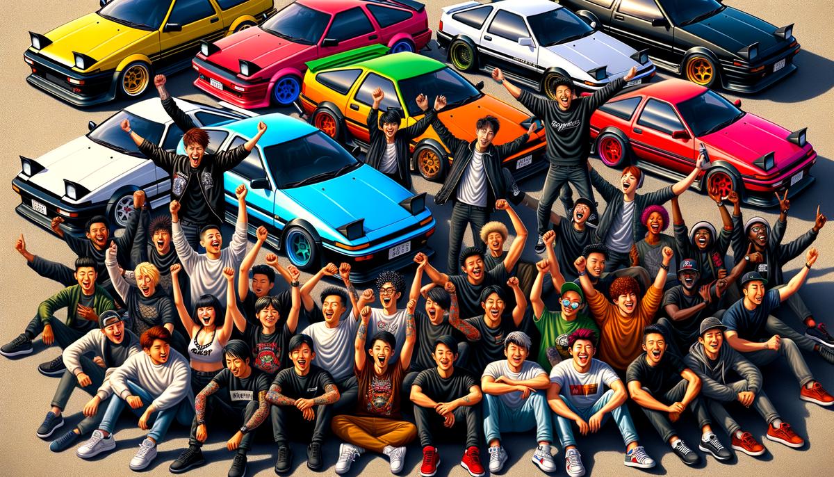 A group of diverse AE86 enthusiasts gathered around their cars at a meetup