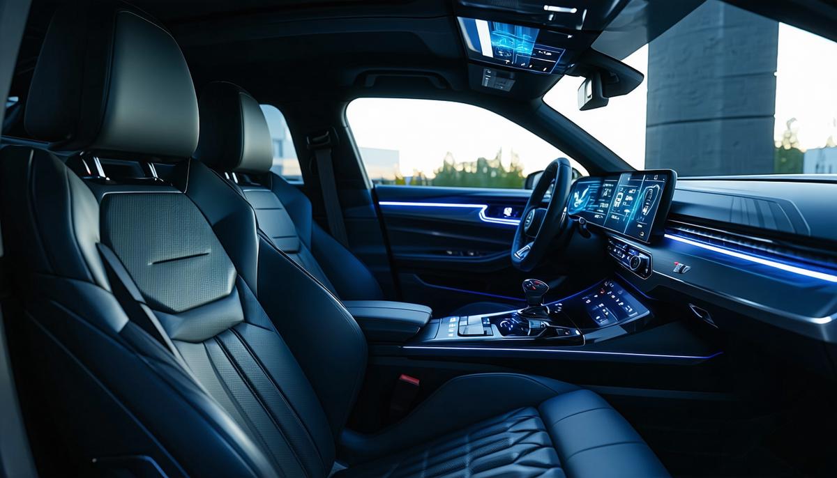 Interior view of the 2025 Audi A4 showing the leather seats, virtual cockpit, and ambient lighting