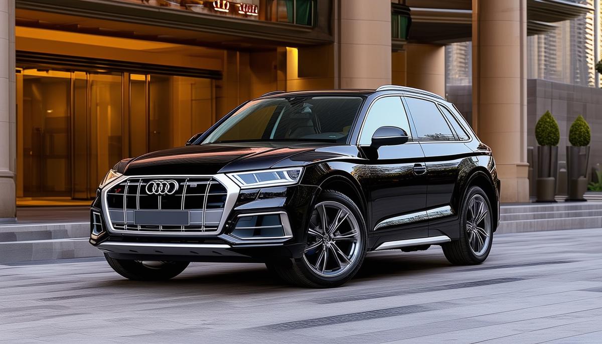 An Audi Q5 55 e Premium Plus Quattro parked in front of a high-end hotel, its luxurious features on full display