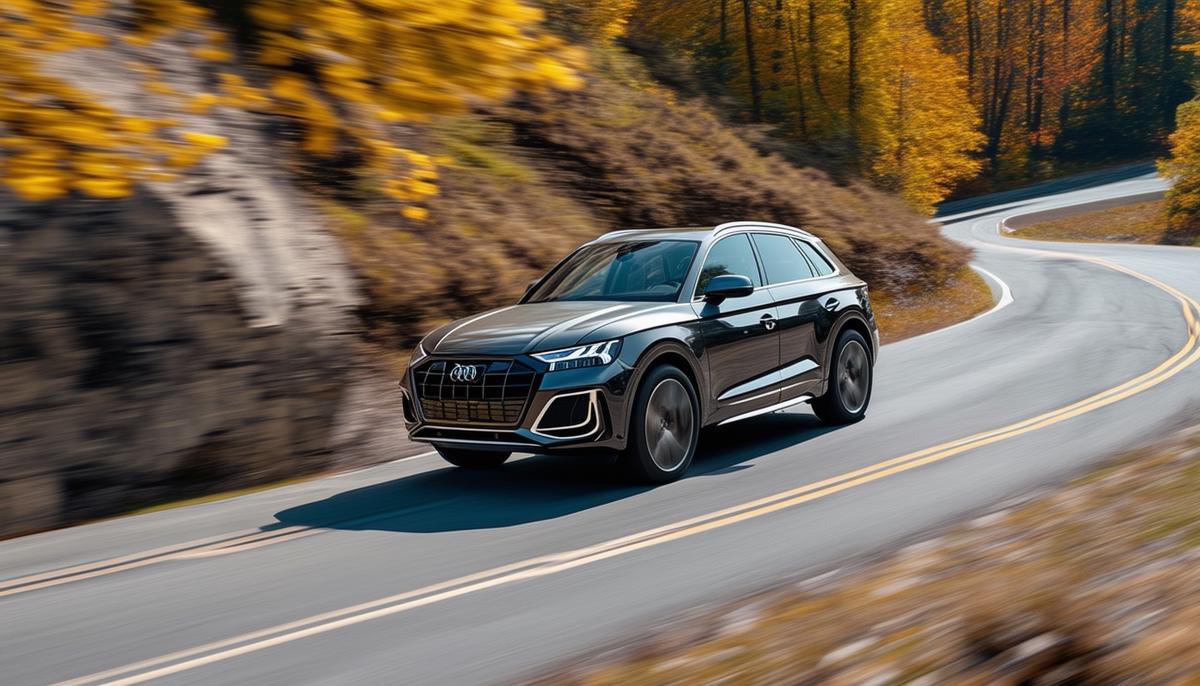 2024 Audi Q5 cornering aggressively on a winding road, demonstrating its dynamic driving capabilities
