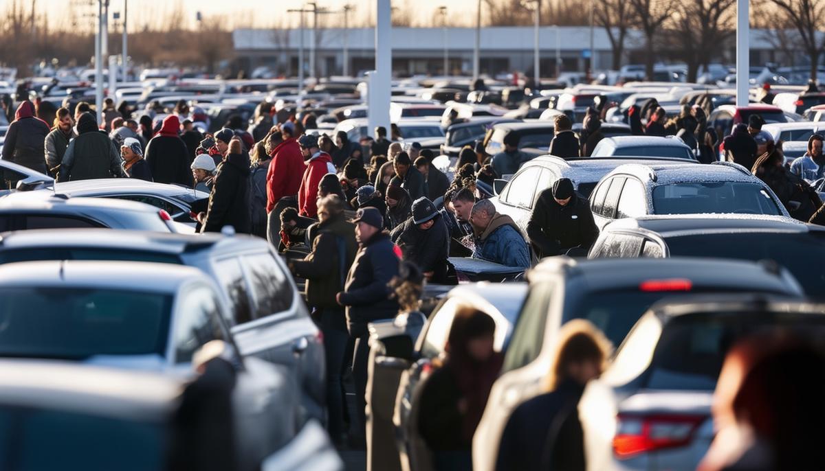 A crowded car dealership during Black Friday sales with customers lined up to make deals