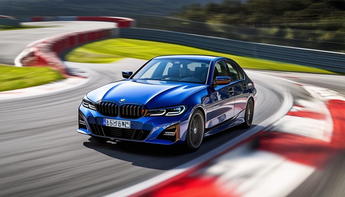 A BMW 3 Series 330e Sedan speeding around a racetrack curve, showcasing its sporty performance
