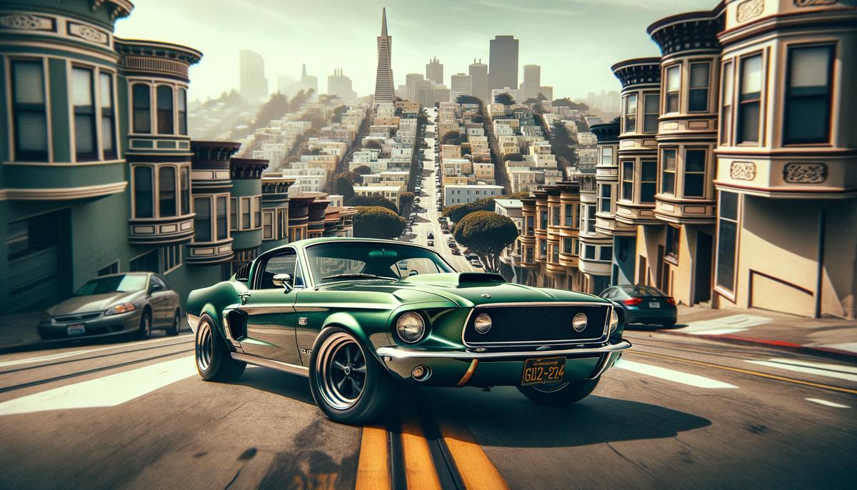 A recreation of the iconic scene from Bullitt, with a Highland Green 1968 Ford Mustang GT fastback racing through the hilly streets of San Francisco