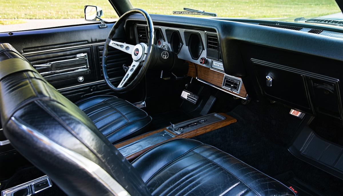 Interior view of a 1970 Chevrolet Chevelle SS 454, showing bucket seats, three-spoke steering wheel, and Hurst shifter