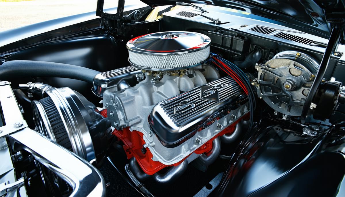 The powerful LS6 454 cubic-inch V8 engine of the 1970 Chevrolet Chevelle SS, showcasing its imposing size and chrome components