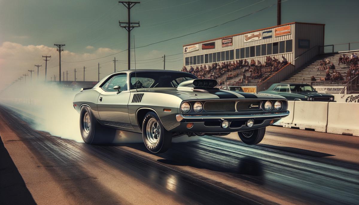 A 1970 Plymouth HEMI 'Cuda engaged in a drag race, showcasing its historical significance in motorsports