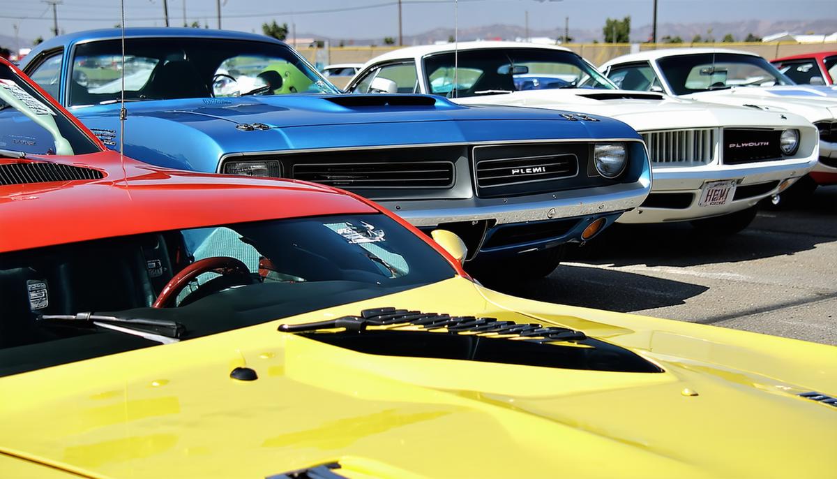 A lineup of 1970 Plymouth HEMI 'Cudas in various high-impact colors, showcasing their rarity and collectibility
