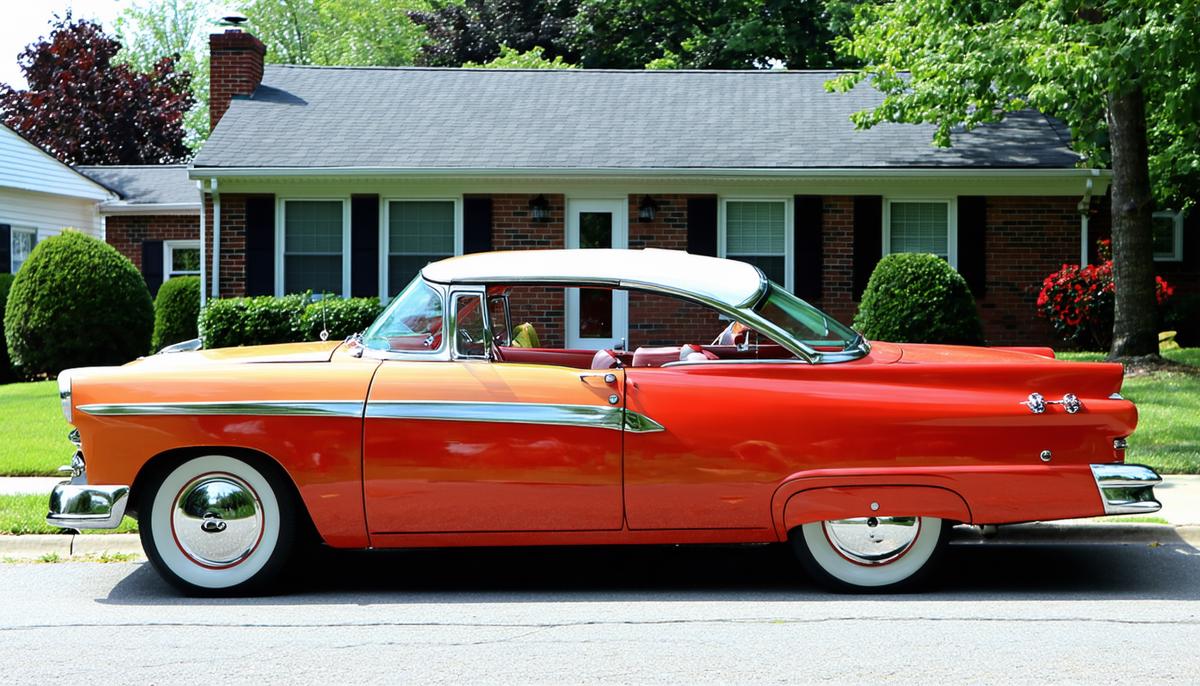 A 1955 Ford Fairlane in vibrant two-tone paint showcasing its sleek design and chrome accents, parked in front of a 1950s suburban home