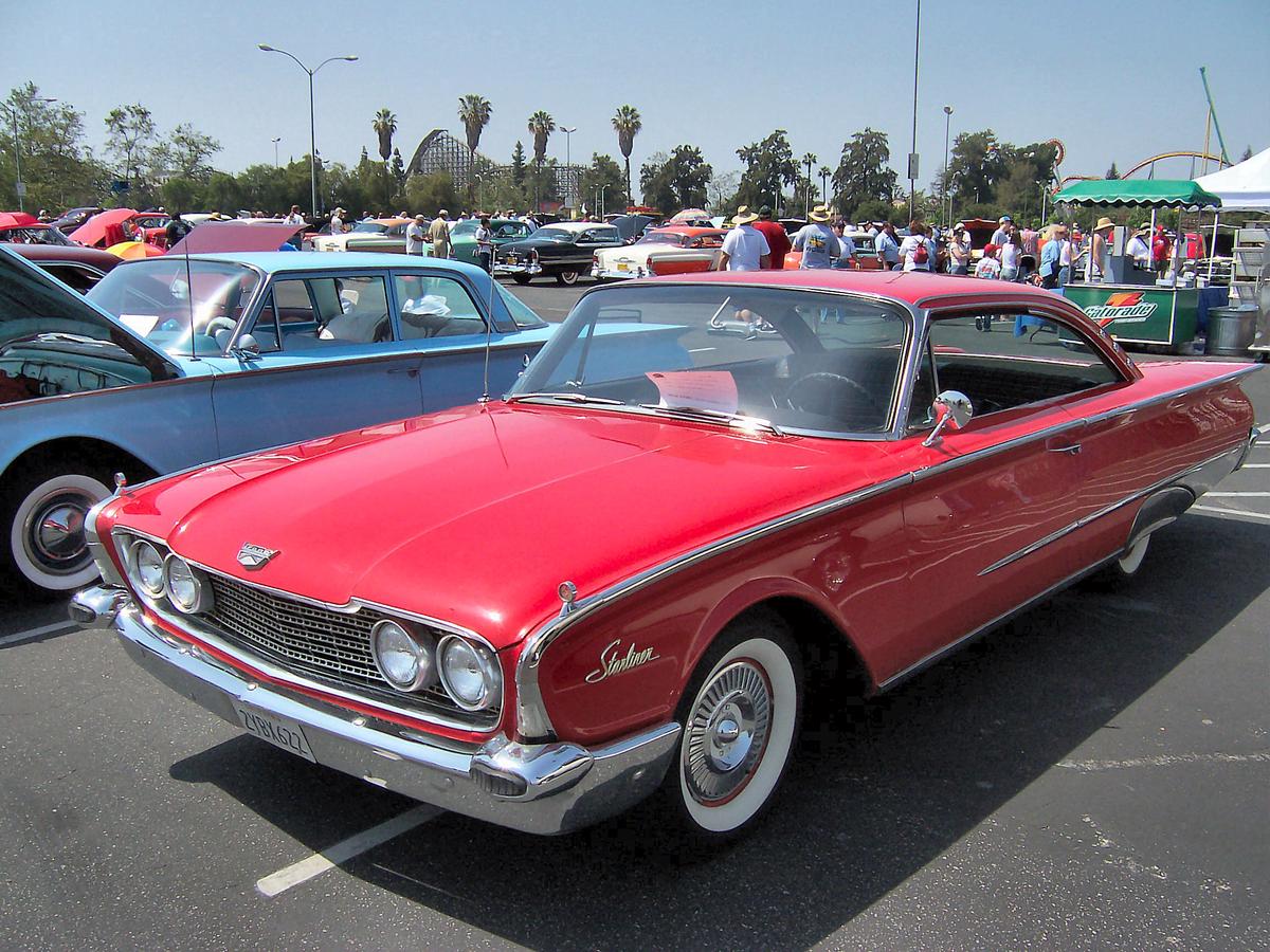 Front view of a 1960s Ford Galaxie showcasing its vertical dual headlights and chrome-adorned grille