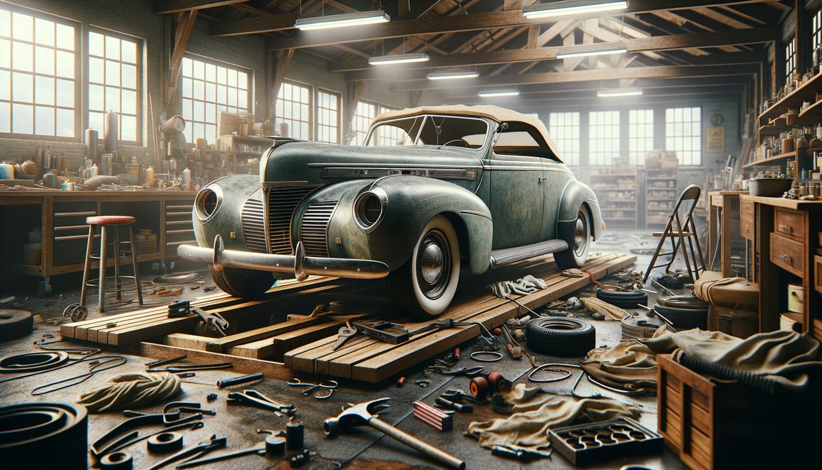 A partially restored Ford Galaxie in a garage workshop, showcasing the restoration process