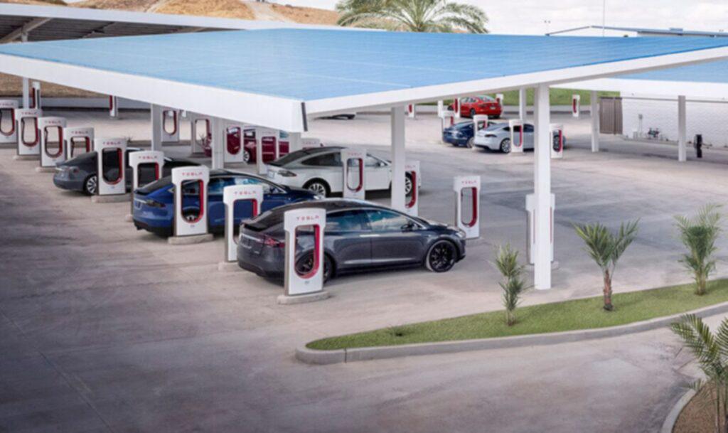 A futuristic high-speed EV charging station with multiple vehicles charging simultaneously