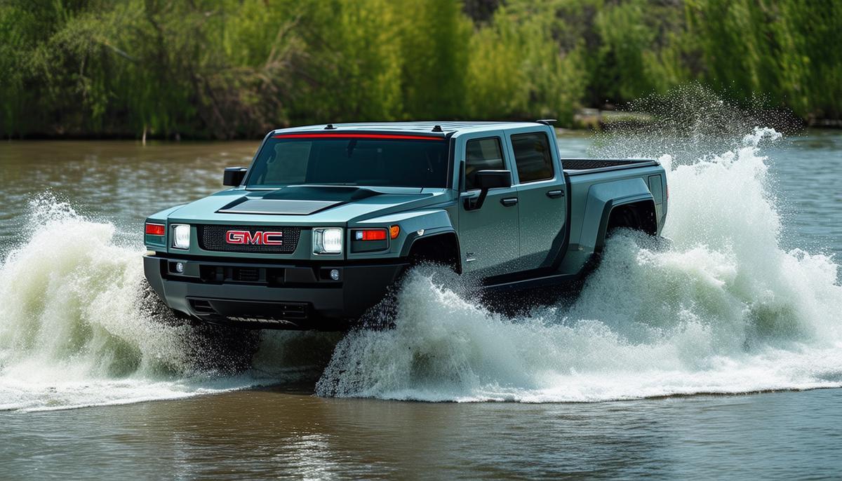 A GMC Hummer EV Pickup fording through deep water, showcasing its electric powertrain's capabilities