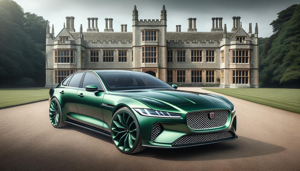 A 2024 Jaguar XF parked in front of a classic British manor, showcasing its elegant design