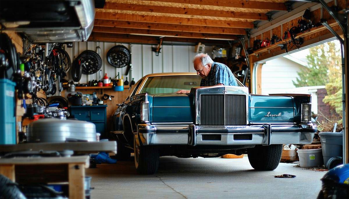 An enthusiastic owner working on their Lincoln Mark IV in a well-equipped garage, surrounded by vintage car parts and memorabilia