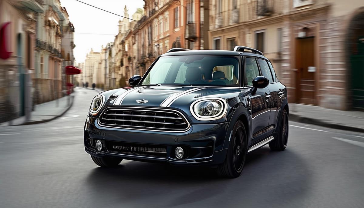 A Mini Countryman SE ALL4 navigating through narrow city streets, its compact size and stylish design standing out