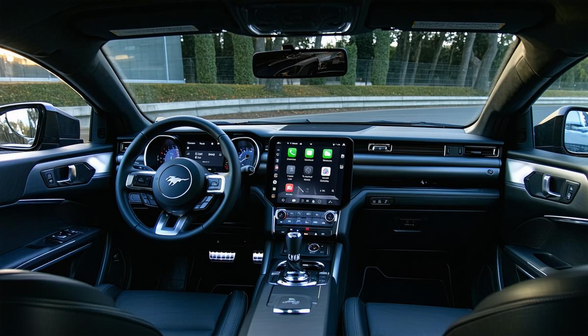 The high-tech interior of a Ford Mustang Mach-E, showcasing its large touchscreen and modern design