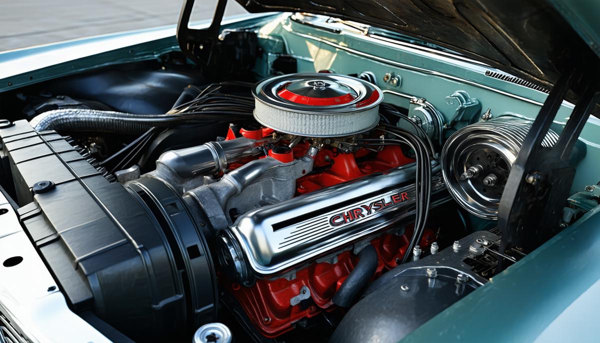 The engine bay of a Chrysler New Yorker, showcasing its 360 cubic inch V8 engine