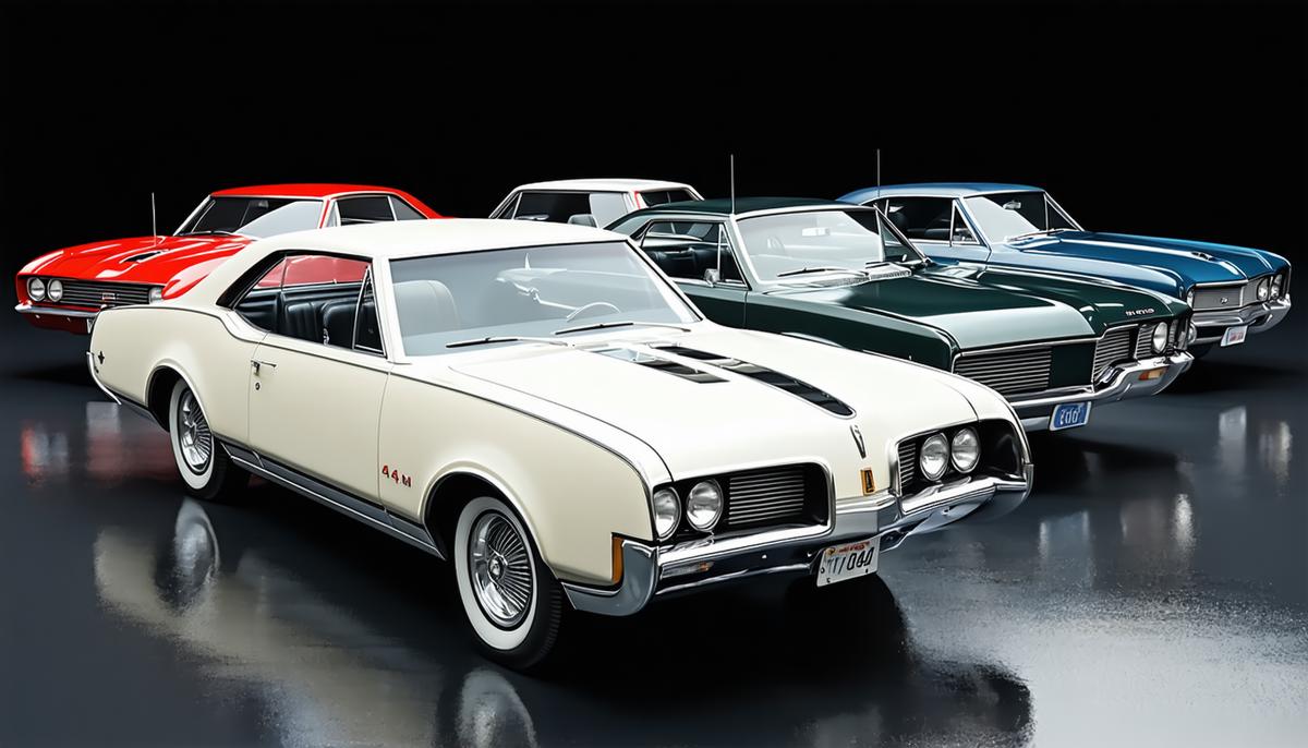A series of Oldsmobile 442 models from different years showcasing its evolution, with the 1964 model in the foreground