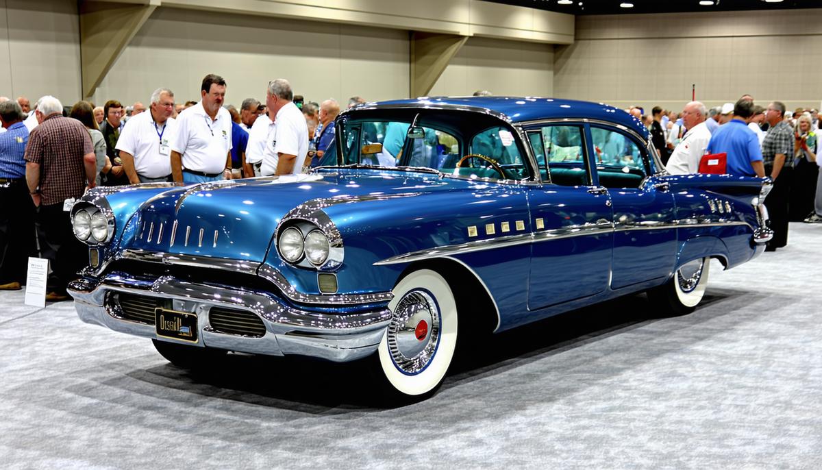 A restored Oldsmobile 88 on display at a classic car auction, surrounded by enthusiastic bidders