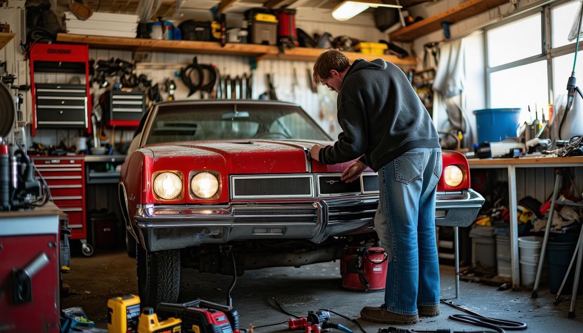 An enthusiast working on restoring a classic Oldsmobile Cutlass in a well-equipped garage, surrounded by tools and parts