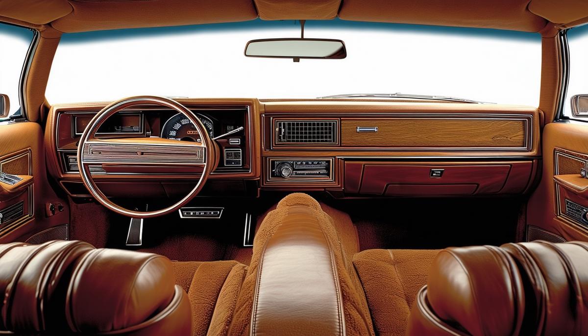 The luxurious interior of an Oldsmobile Cutlass Supreme, featuring plush seats, wood grain accents, and advanced sound system of its era