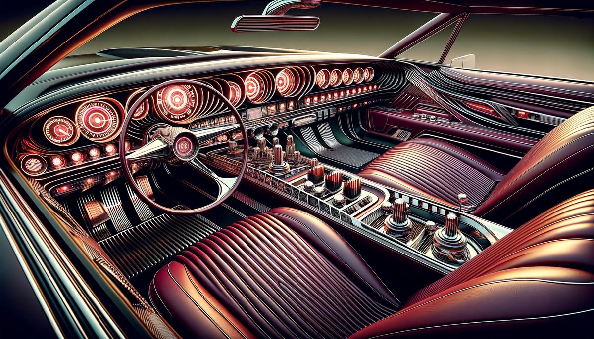The interior of an Oldsmobile Toronado, focusing on its futuristic dashboard and comfortable bench seats