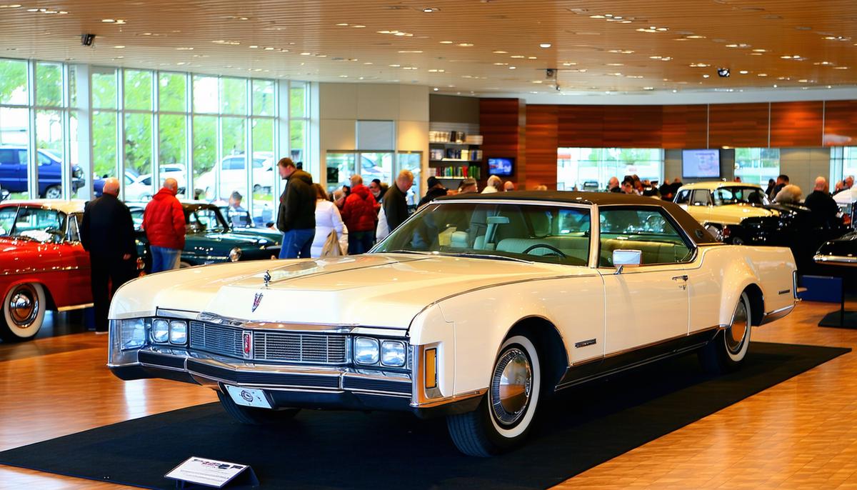 An Oldsmobile Toronado on display in a 1960s car showroom, surrounded by potential buyers