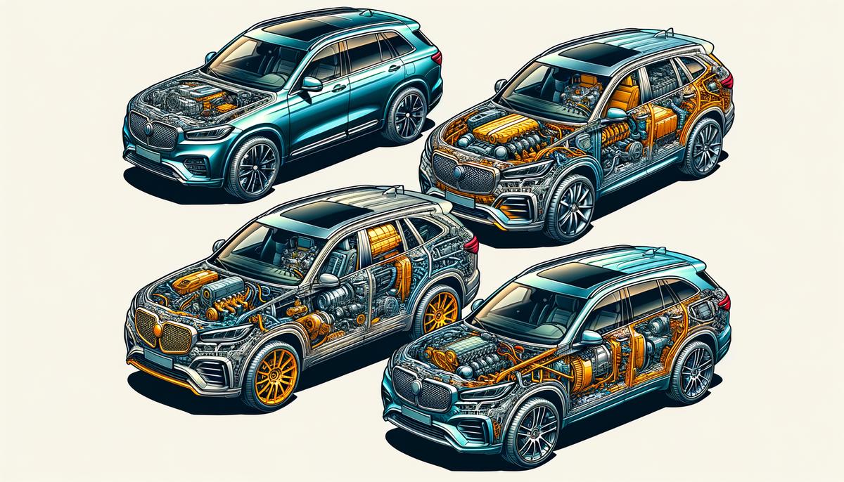 Four different Range Rover Sport models showcasing their respective powertrains, arranged in order of increasing power
