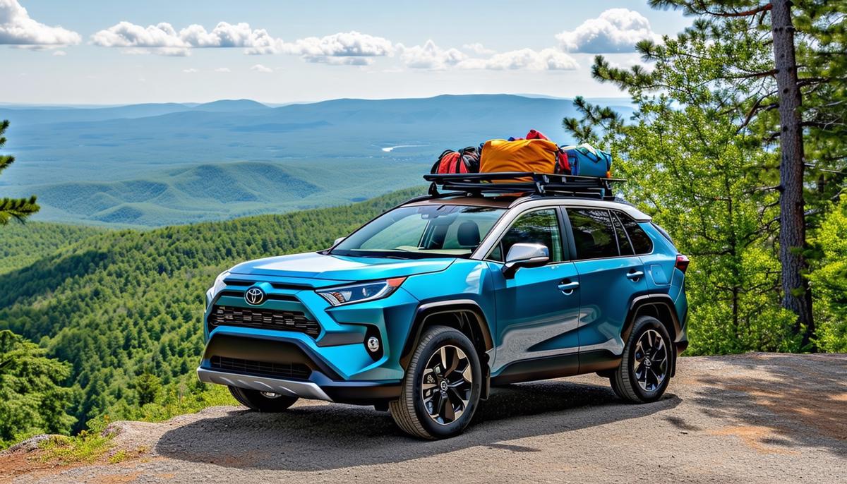 A 2024 Toyota RAV4 Hybrid parked at a scenic overlook, loaded with outdoor gear for a weekend adventure