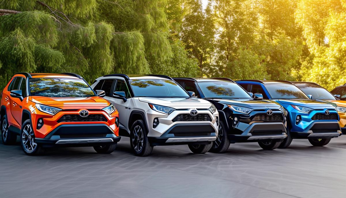 A lineup of 2024 Toyota RAV4 Hybrid models showcasing different trim levels