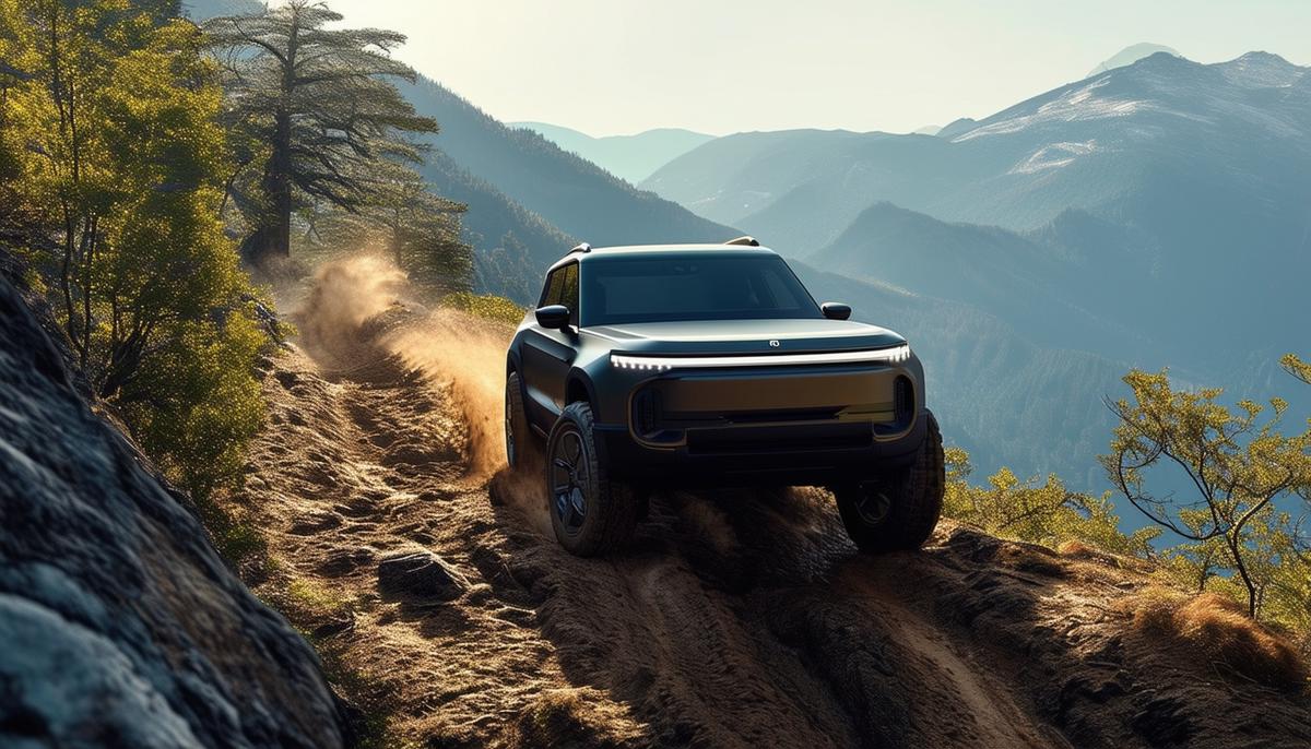 Rivian R1S Quad-Motor AWD climbing a steep mountain path