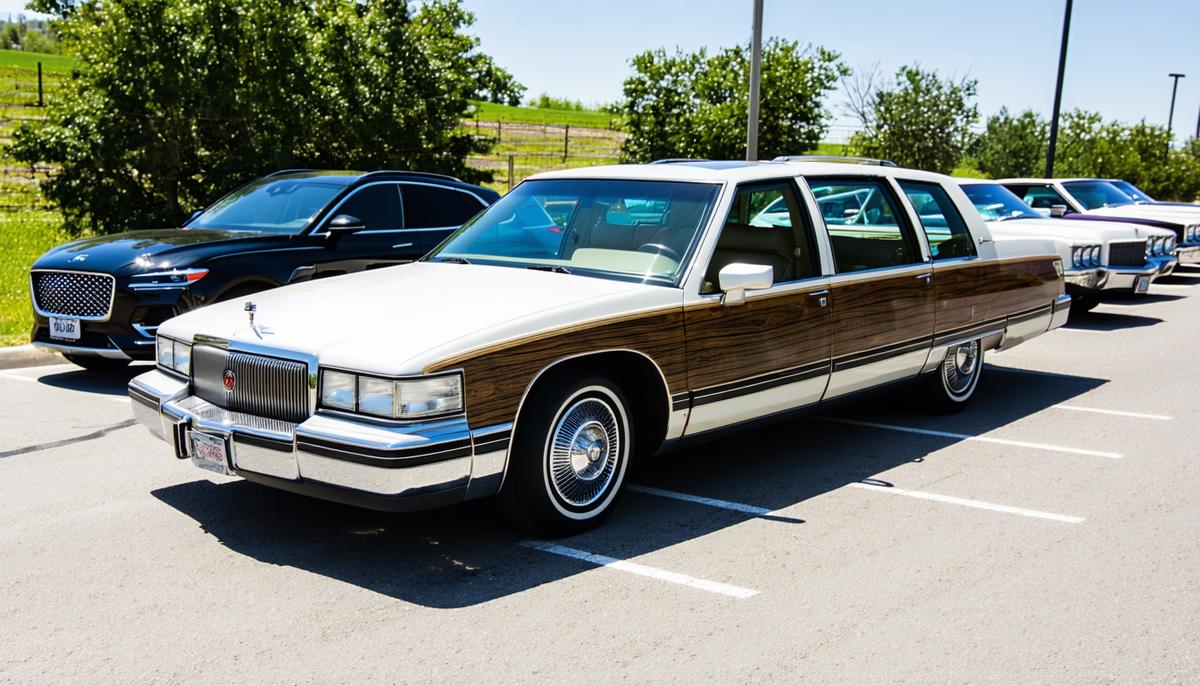 Buick Roadmaster showcasing its massive grille and woodgrain paneling, parked next to modern cars for size comparison