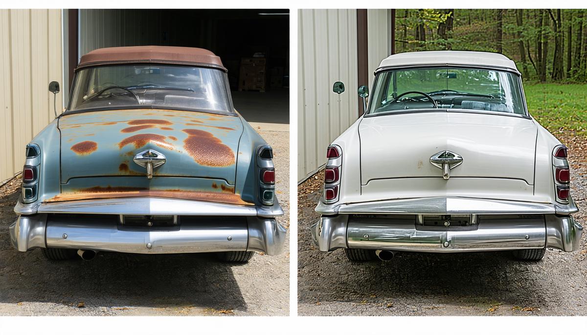 A before and after comparison of a Studebaker Hawk restoration, showing the transformation from rusty to pristine