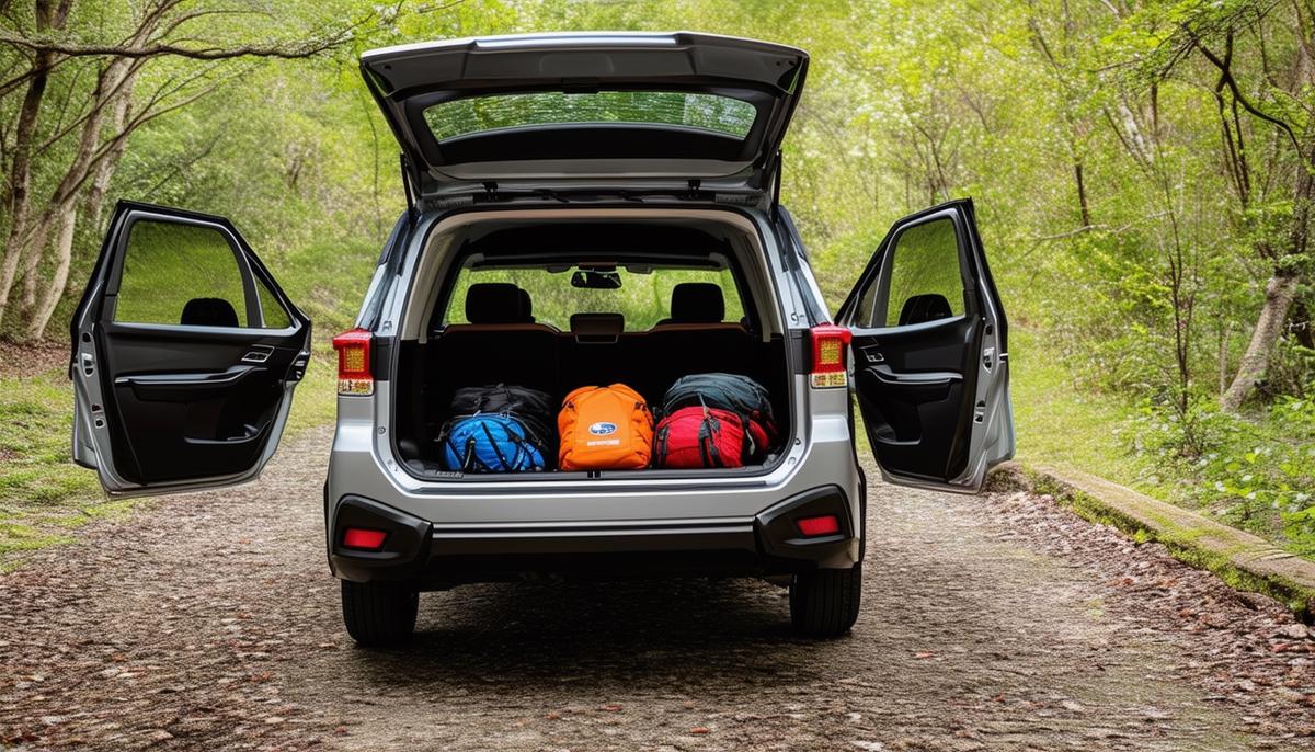 Subaru Forester showcasing its versatility with wide-open doors and spacious cargo area filled with outdoor gear