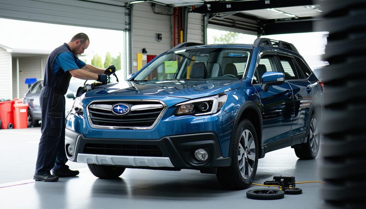 A mechanic performing routine maintenance on a 2024 Subaru Outback in a well-equipped garage