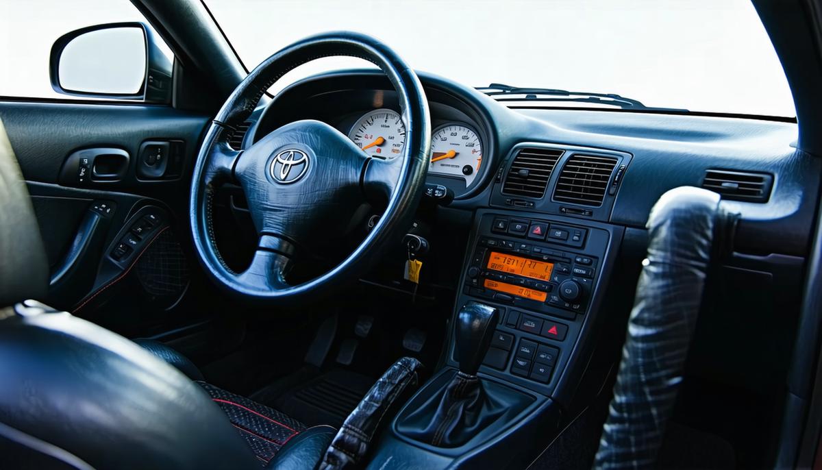Driver's cockpit view of a 1994 Toyota Supra MK4, showing the sports steering wheel, gear shifter, and driver-focused dashboard