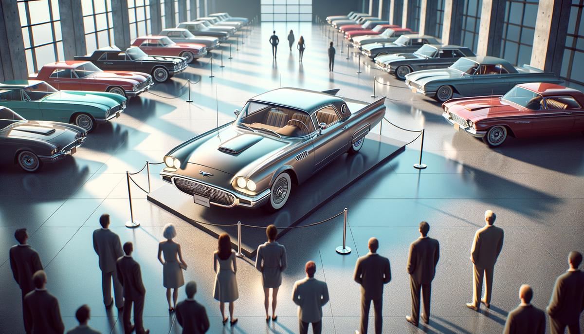 A late-model Ford Thunderbird in a showroom with fewer interested buyers, symbolizing its decline
