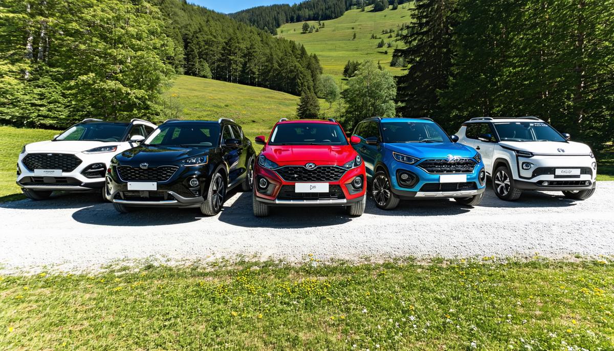 A showcase of five popular crossover SUV models parked in a picturesque setting, highlighting their diverse designs