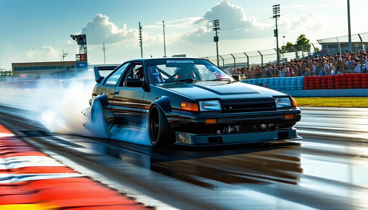 Keiichi Tsuchiya, the Drift King, performing a drift in his Toyota AE86 on a racetrack