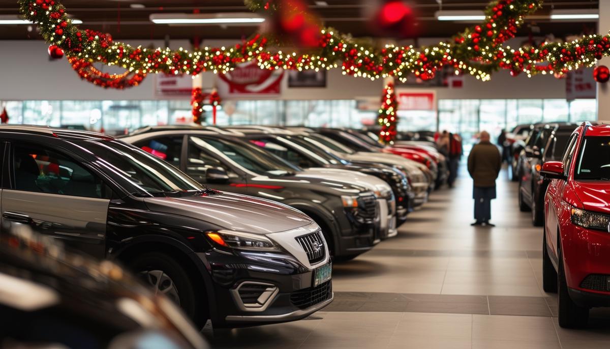 A bustling car dealership during a year-end sale with festive decorations and price tags on vehicles